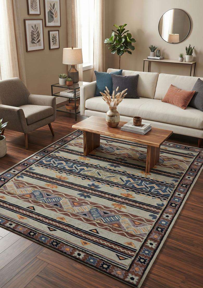 Saffron Rugs Beige Multicolor Bohemian Geometric Hand Tufted Wool Rectangular Rug - Indya