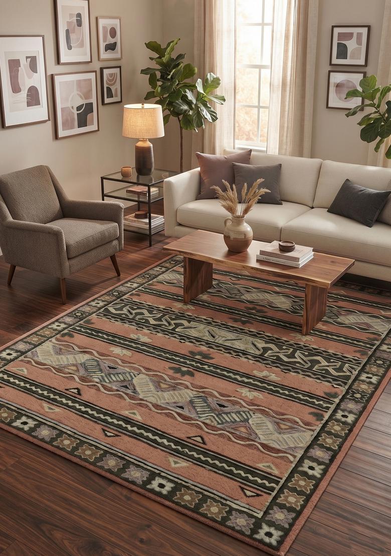 Saffron Rugs Terracotta Brown Bohemian Striped Hand Tufted Wool Rectangular Rug - Indya