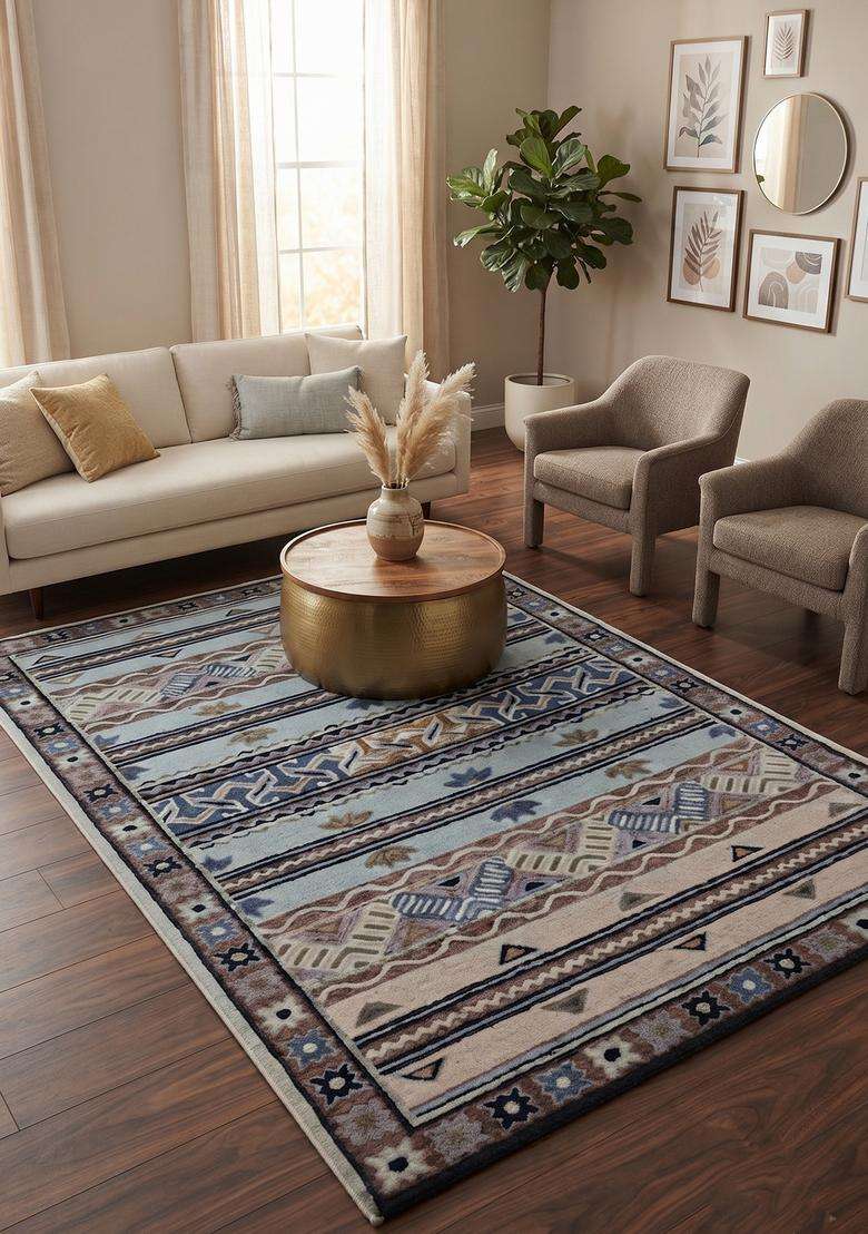 Saffron Rugs Hand-Tufted 100% Wool Area Rug | Light Blue Grey Rectangular Rug | Cotton Backing | Bohemian Geometric Carpet for Living Room - Indya