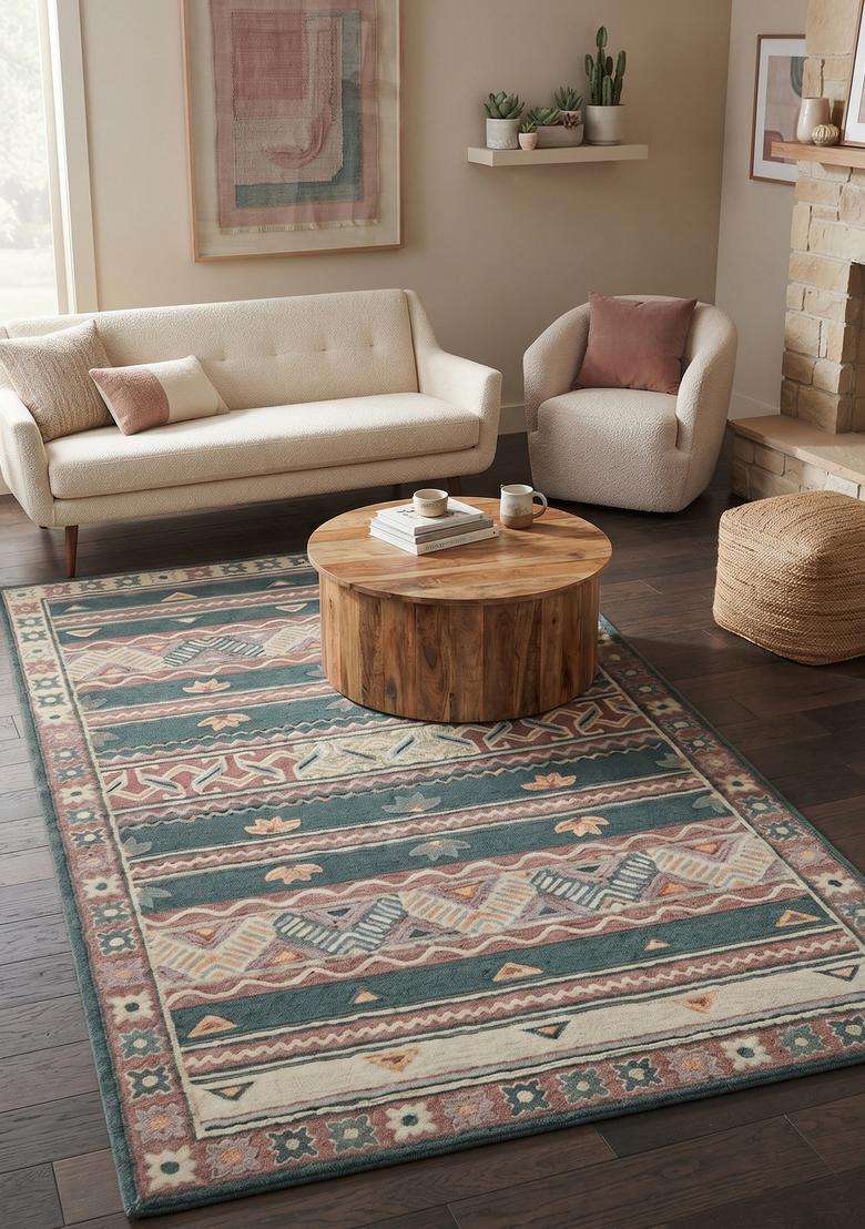 Saffron Rugs Hand-Tufted 100% Wool Area Rug | Teal Blue Rectangular Rug | Cotton Backing | Bohemian Geometric Carpet for Living Room - Indya