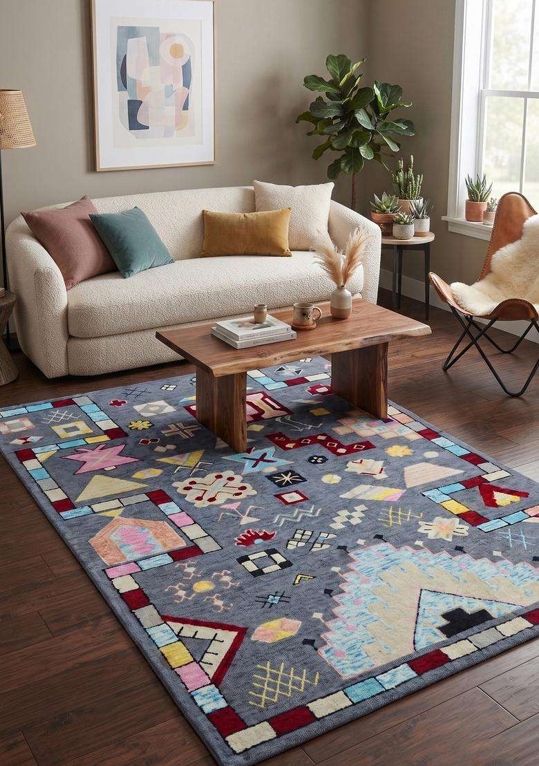 Saffron Rugs Hand-Tufted 100% Wool Area Rug | Grey Multicolor Rectangular Rug | Cotton Backing | Bohemian Geometric Carpet for Living Room - Indya