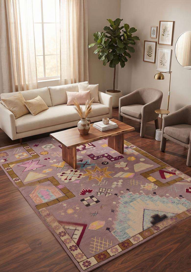 Saffron Rugs Hand-Tufted 100% Wool Area Rug | Mauve Purple Rectangular Rug | Cotton Backing | Bohemian Geometric Carpet for Living Room - Indya