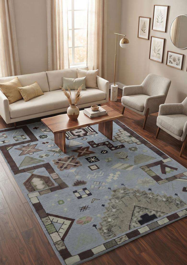 Saffron Rugs Hand-Tufted 100% Wool Area Rug | Light Blue Rectangular Rug | Cotton Backing | Bohemian Geometric Carpet for Living Room - Indya