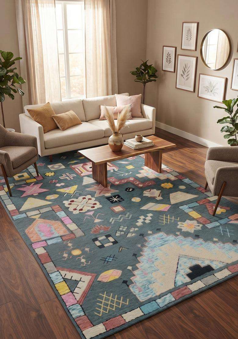 Saffron Rugs Hand-Tufted 100% Wool Area Rug | Teal Green Rectangular Rug | Cotton Backing | Bohemian Geometric Carpet for Living Room - Indya