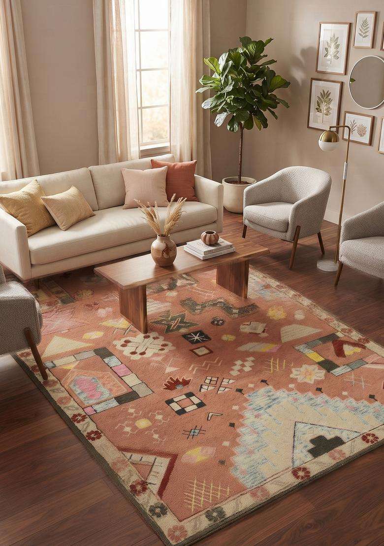 Saffron Rugs Hand-Tufted 100% Wool Area Rug | Terracotta Pink Rectangular Rug | Cotton Backing | Bohemian Geometric Carpet for Living Room - Indya