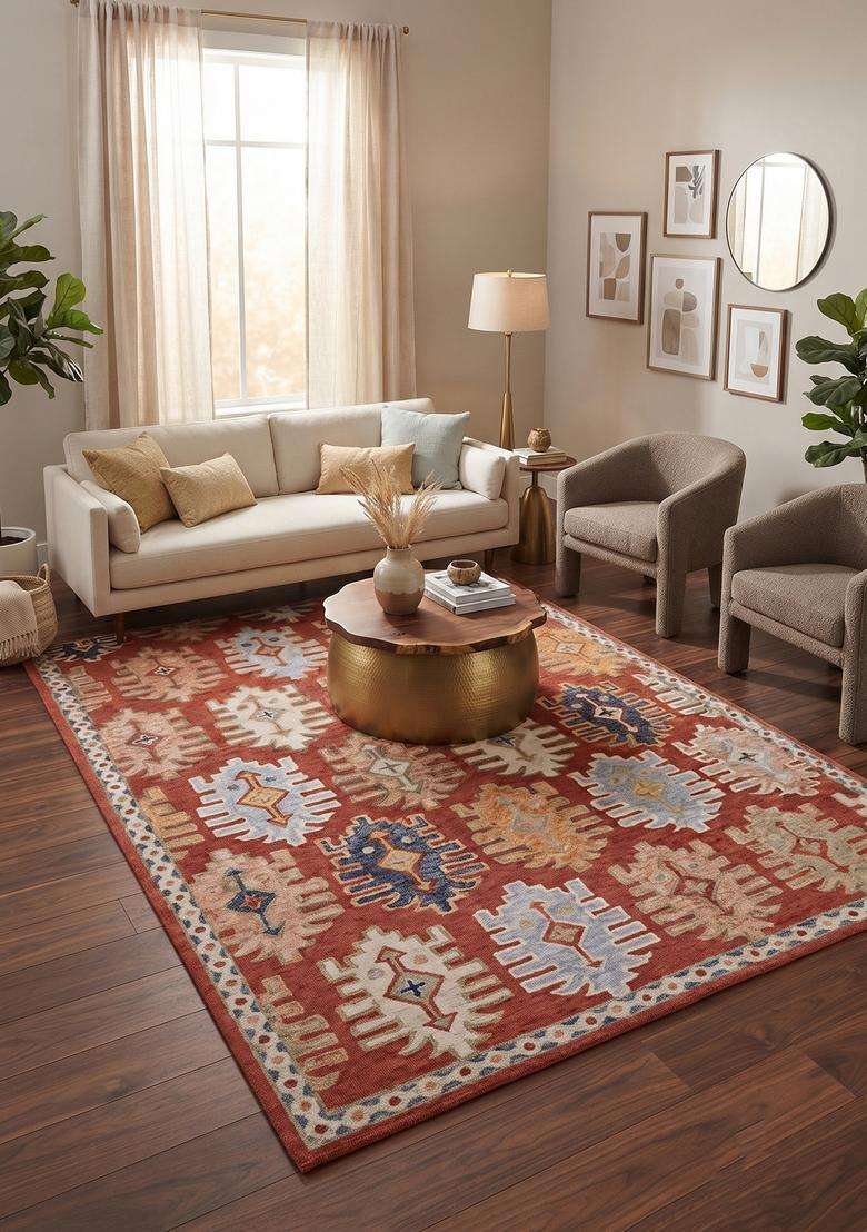 Saffron Rugs Hand-Tufted 100% Wool Area Rug | Terracotta Red Rectangular Rug | Cotton Backing | Bohemian Geometric Carpet for Living Room - Indya