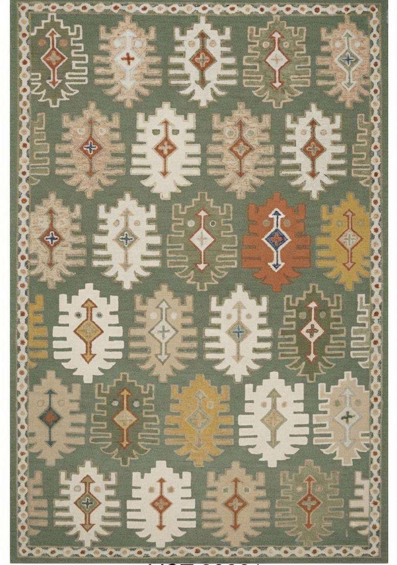 Saffron Rugs Hand-Tufted 100% Wool Area Rug | Olive Green Rectangular Rug | Cotton Backing | Bohemian Geometric Carpet for Living Room - Indya