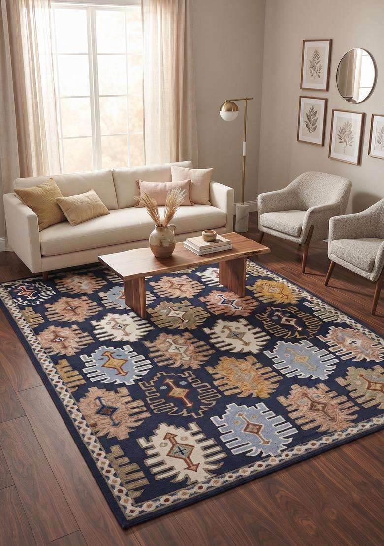 Saffron Rugs Hand-Tufted 100% Wool Area Rug | Navy Blue Rectangular Rug | Cotton Backing | Bohemian Geometric Carpet for Living Room - Indya