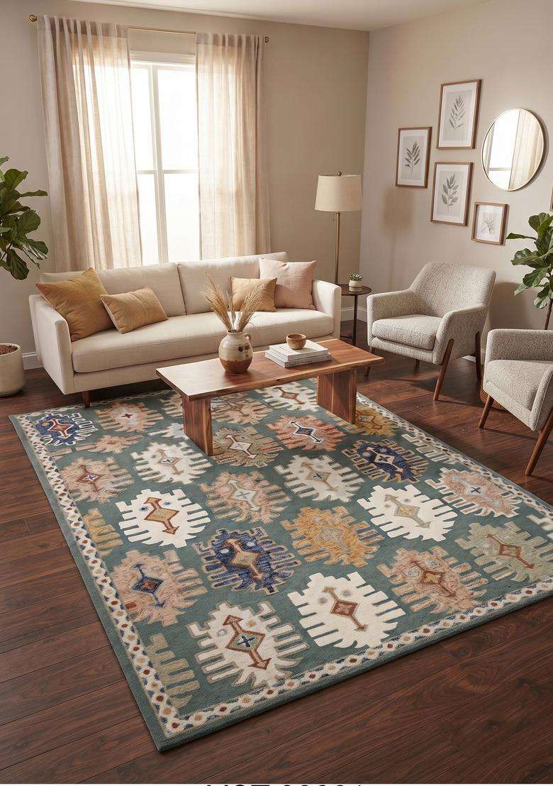 Saffron Rugs Hand-Tufted 100% Wool Area Rug | Teal Blue Rectangular Rug | Cotton Backing | Bohemian Geometric Carpet for Living Room - Indya