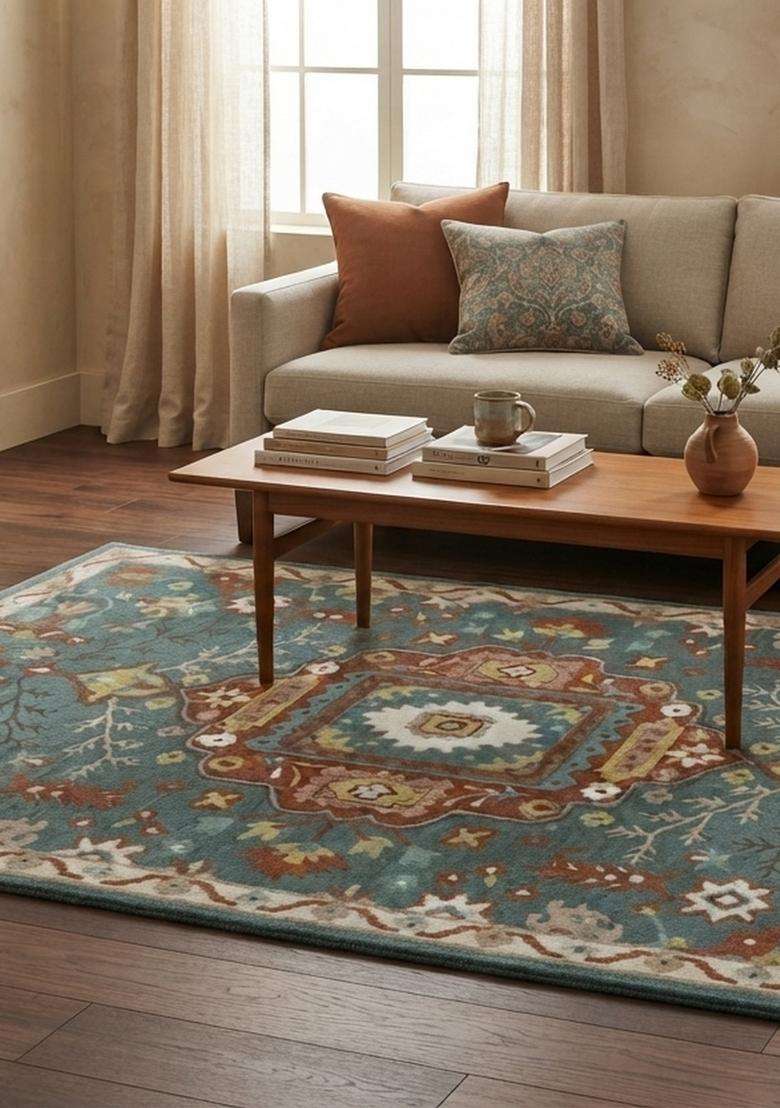 Saffron Rugs Hand-Tufted 100% Wool Area Rug | Teal Blue Rectangular Rug | Cotton Backing | Oriental Floral Carpet for Living Room - Indya