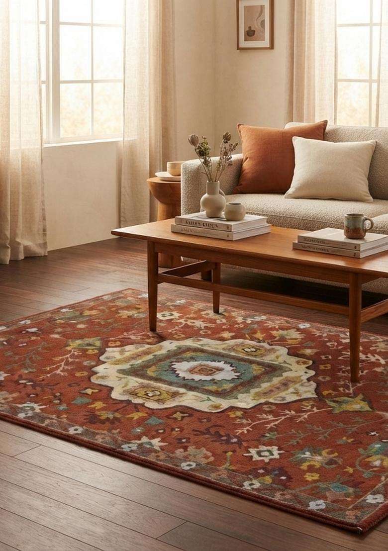 Saffron Rugs Hand-Tufted 100% Wool Area Rug | Rust Red Rectangular Rug | Cotton Backing | Oriental Geometric Carpet for Living Room - Indya