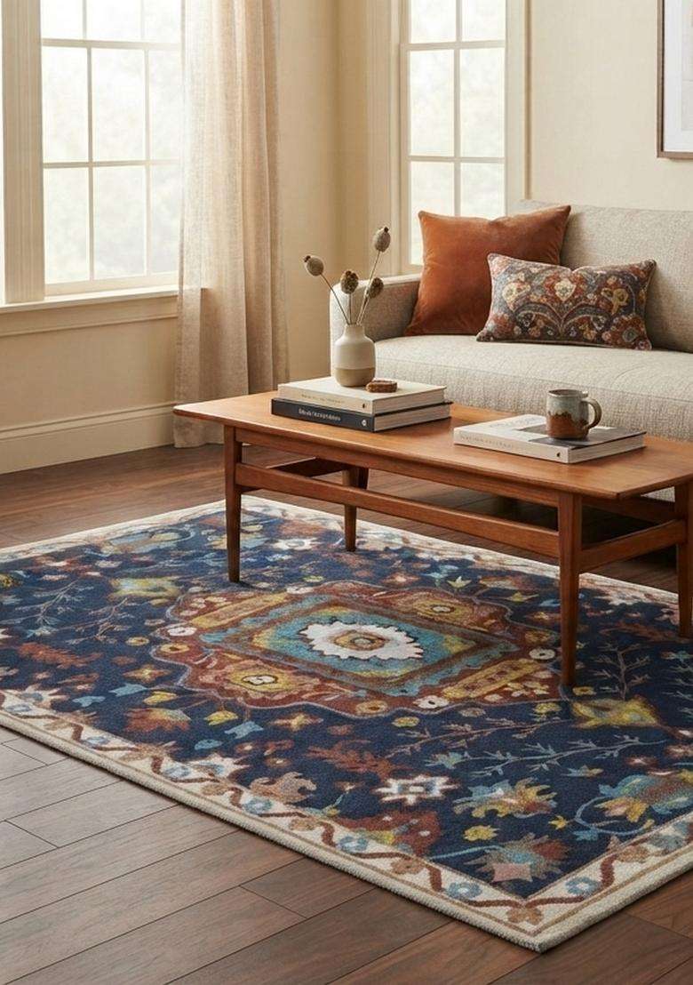 Saffron Rugs Hand-Tufted 100% Wool Area Rug | Navy Blue Rectangular Rug | Cotton Backing | Oriental Floral Carpet for Living Room - Indya