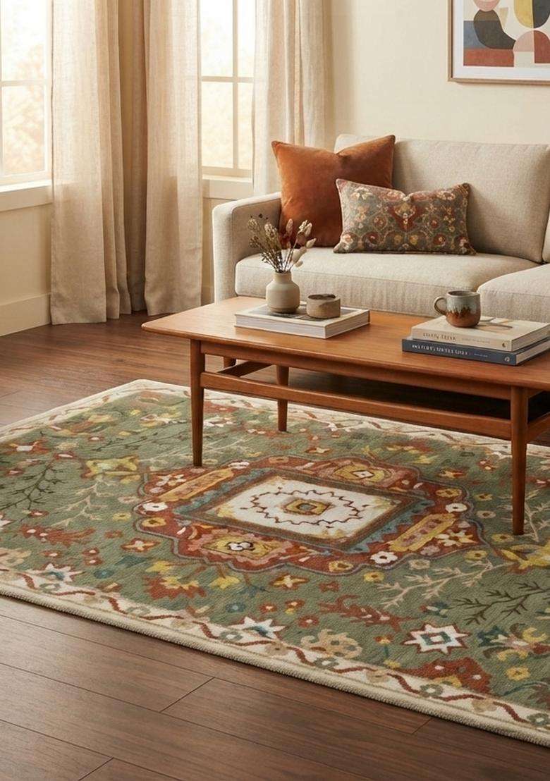 Saffron Rugs Hand-Tufted 100% Wool Area Rug | Olive Green Rectangular Rug | Cotton Backing | Oriental Floral Carpet for Living Room - Indya