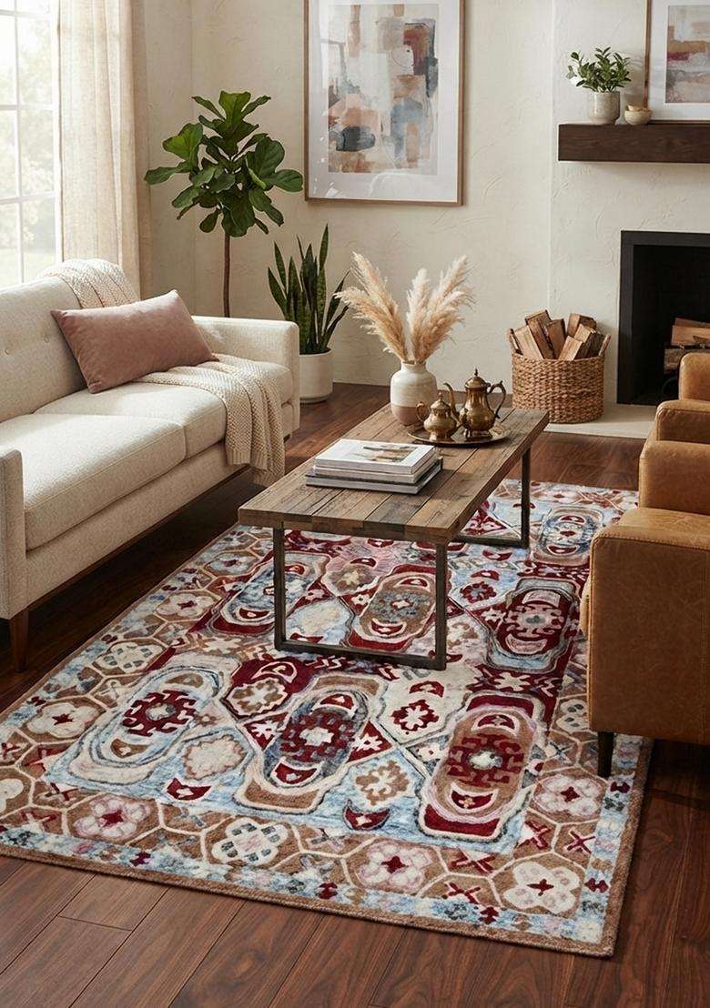 Saffron Rugs Hand-Tufted 100% Wool Area Rug | Red Multicolor Rectangular Rug | Cotton Backing | Oriental Geometric Carpet for Living Room - Indya