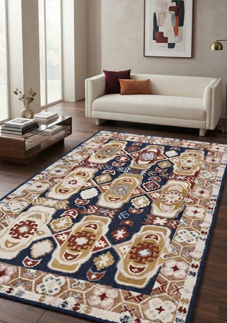 Saffron Rugs Hand-Tufted 100% Wool Area Rug | Navy Multicolor Rectangular Rug | Cotton Backing | Bohemian Geometric Carpet for Living Room - Indya