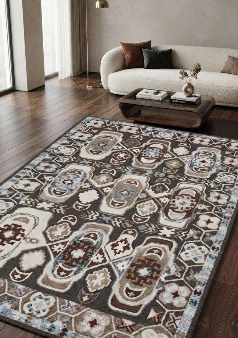 Saffron Rugs Hand-Tufted 100% Wool Area Rug | Dark Grey Multicolor Rectangular Rug | Cotton Backing | Bohemian Geometric Carpet for Living Room - Indya