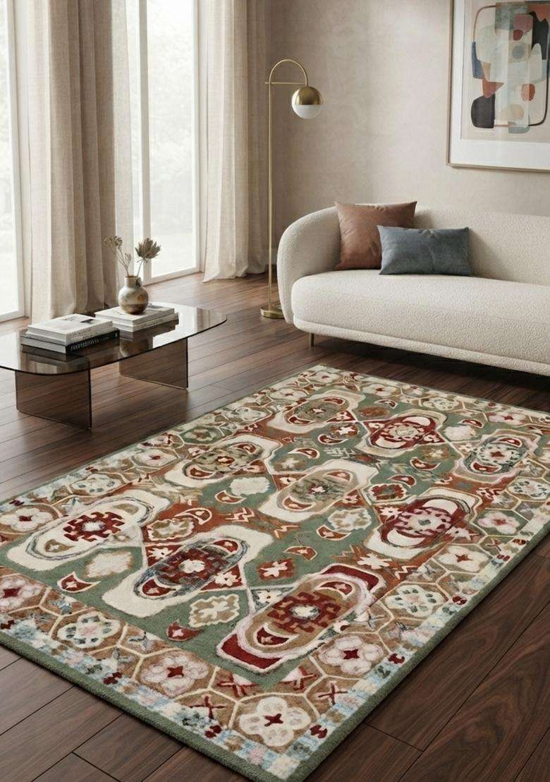 Saffron Rugs Hand-Tufted 100% Wool Area Rug | Sage Green Rectangular Rug | Cotton Backing | Bohemian Geometric Carpet for Living Room - Indya