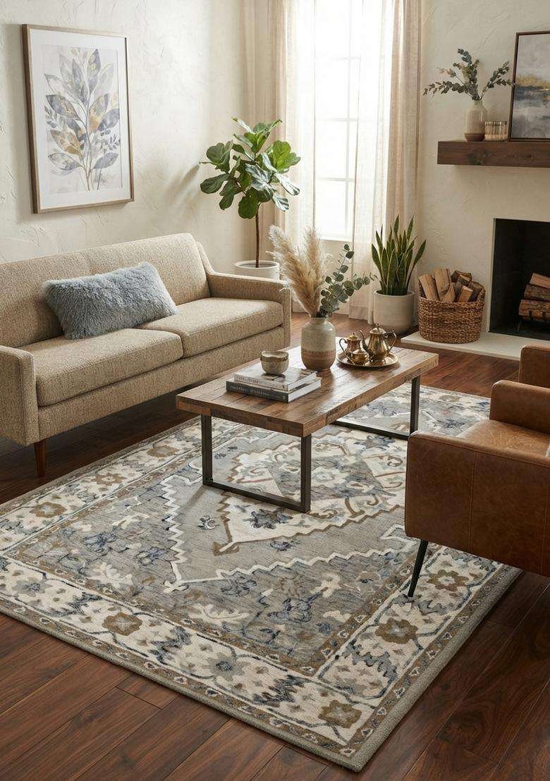 Saffron Rugs Hand-Tufted 100% Wool Area Rug | Grey Blue Rectangular Rug | Cotton Backing | Oriental Floral Carpet for Living Room - Indya