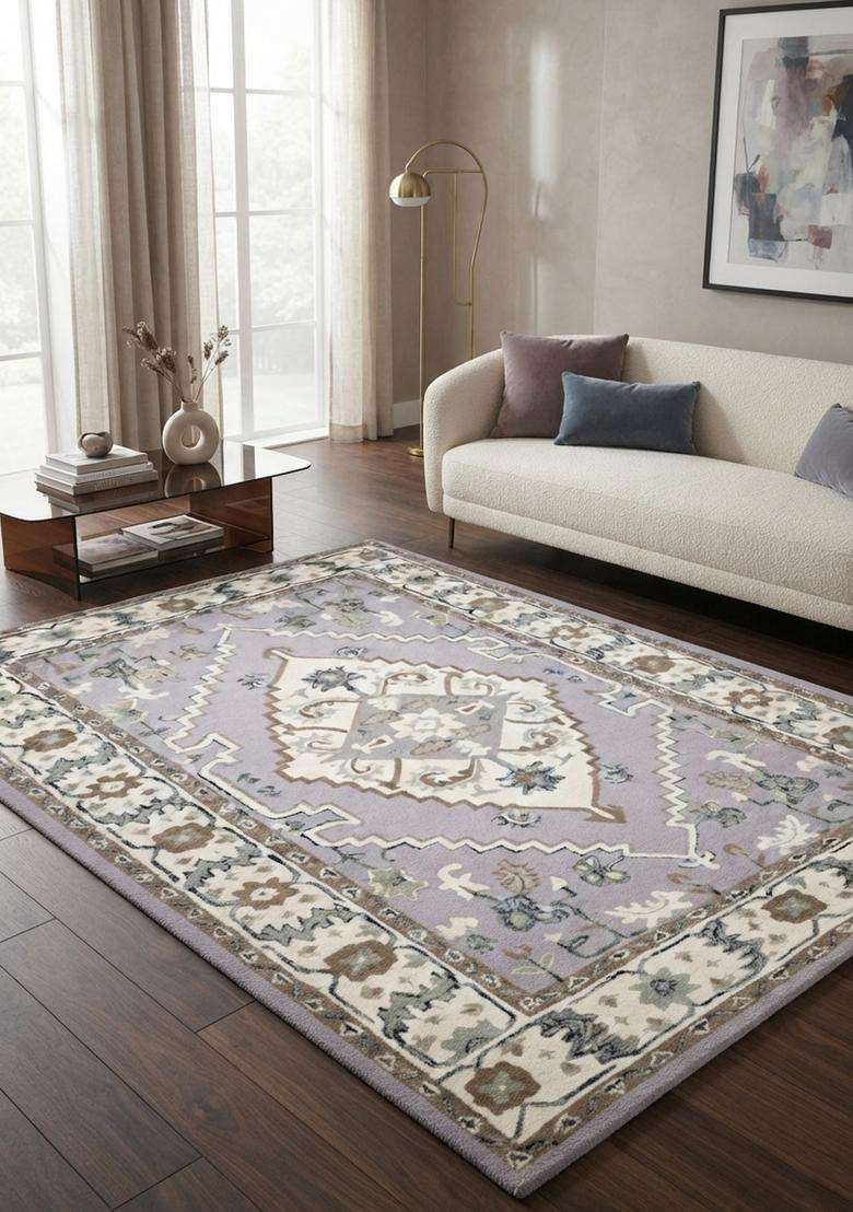 Saffron Rugs Hand-Tufted 100% Wool Area Rug | Lavender Grey Rectangular Rug | Cotton Backing | Oriental Floral Carpet for Living Room - Indya