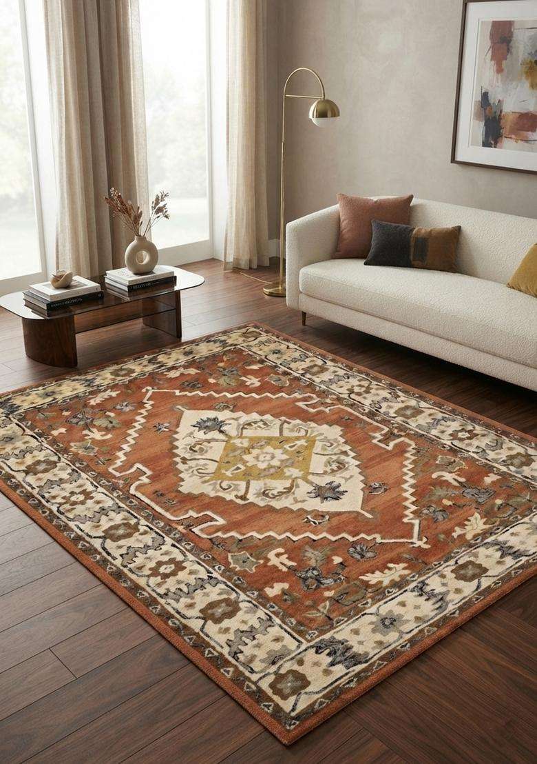 Saffron Rugs Hand-Tufted 100% Wool Area Rug | Rust Terracotta Rectangular Rug | Cotton Backing | Oriental Geometric Carpet for Living Room - Indya