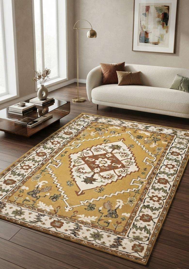 Saffron Rugs Golden Yellow Oriental Floral Hand Tufted Wool Rectangular Rug - Indya