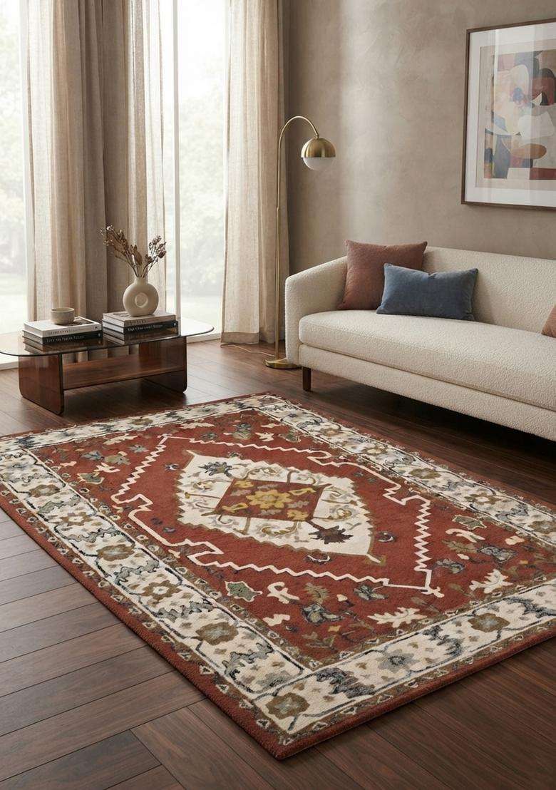 Saffron Rugs Rust Red Oriental Floral Hand Tufted Wool Rectangular Rug - Indya