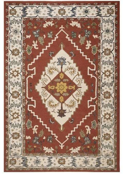 100% Wool Handmade Rust Red Rug | Oriental Floral Carpet With Cotton Backing For Living Room