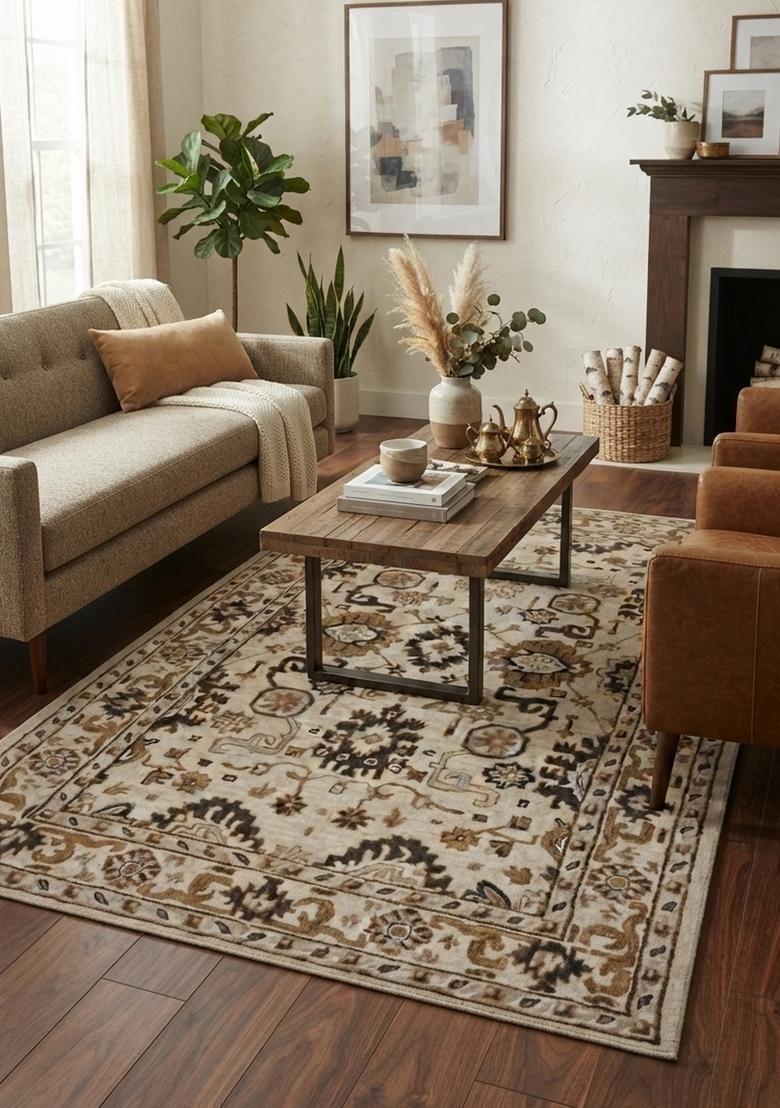 Saffron Rugs Beige Brown Oriental Floral Hand Tufted Wool Rectangular Rug - Indya