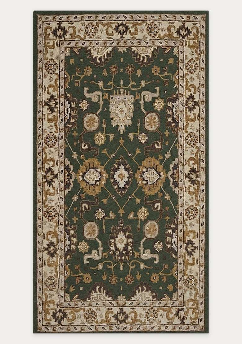 Saffron Rugs Hand-Tufted 100% Wool Area Rug | Dark Green Rectangular Rug | Cotton Backing | Classic Floral Carpet for Living Room - Indya