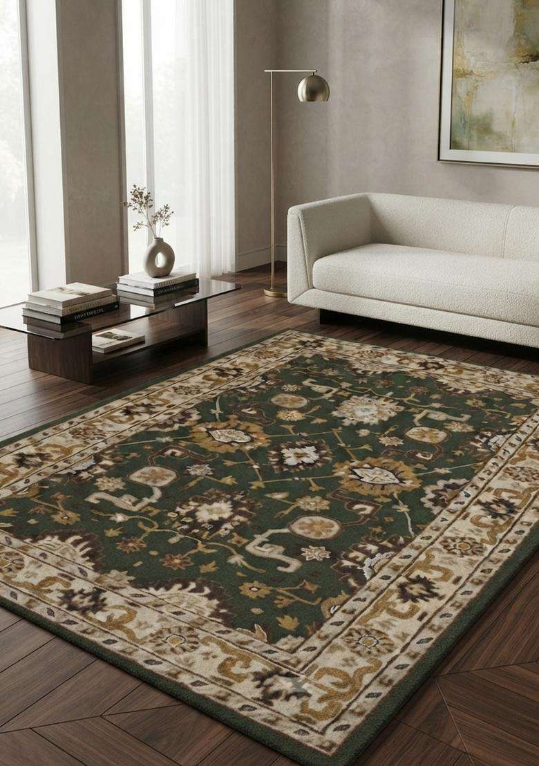Saffron Rugs Dark Green Classic Floral Hand Tufted Wool Rectangular Rug - Indya