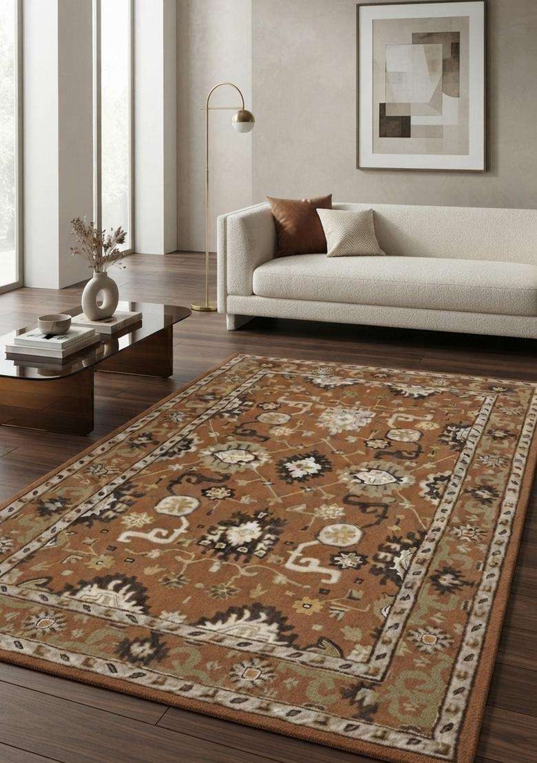 Saffron Rugs Hand-Tufted 100% Wool Area Rug | Rust Brown Rectangular Rug | Cotton Backing | Classic Floral Carpet for Living Room - Indya
