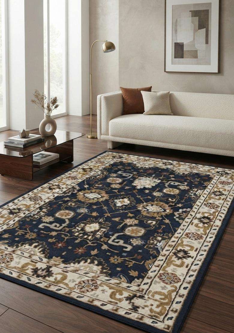 Saffron Rugs Navy Blue Oriental Floral Hand Tufted Wool Rectangular Rug - Indya