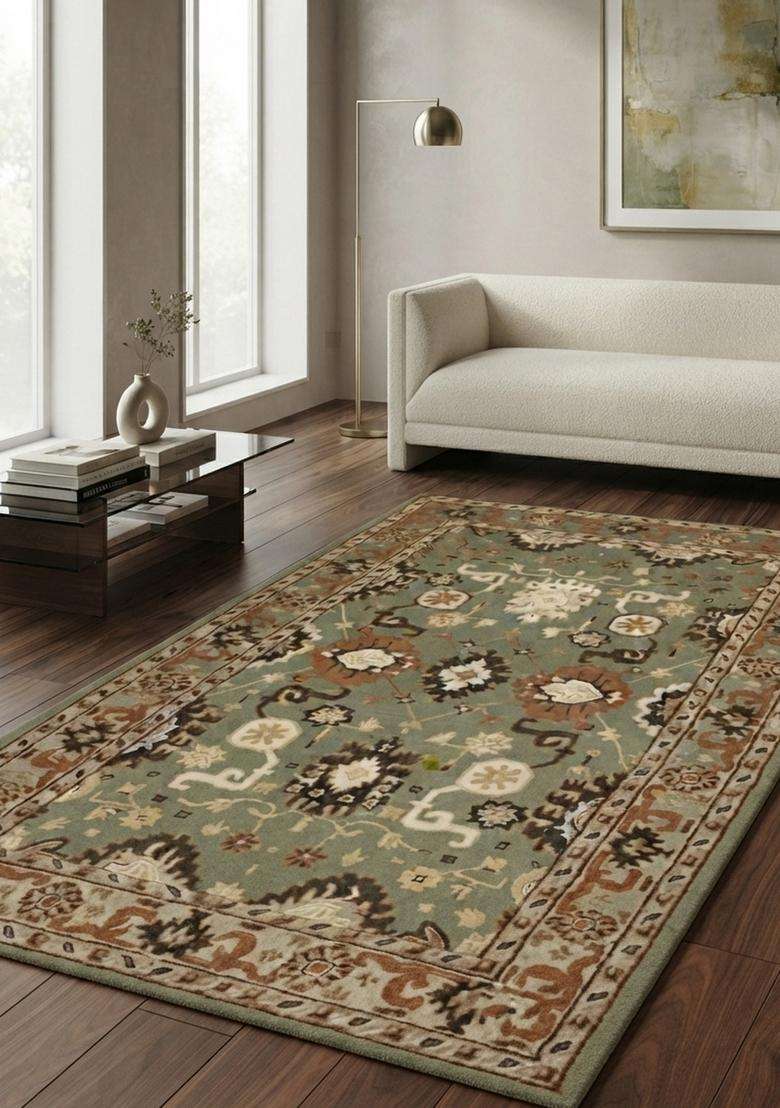 Saffron Rugs Hand-Tufted 100% Wool Area Rug | Sage Green Rectangular Rug | Cotton Backing | Oriental Floral Carpet for Living Room - Indya