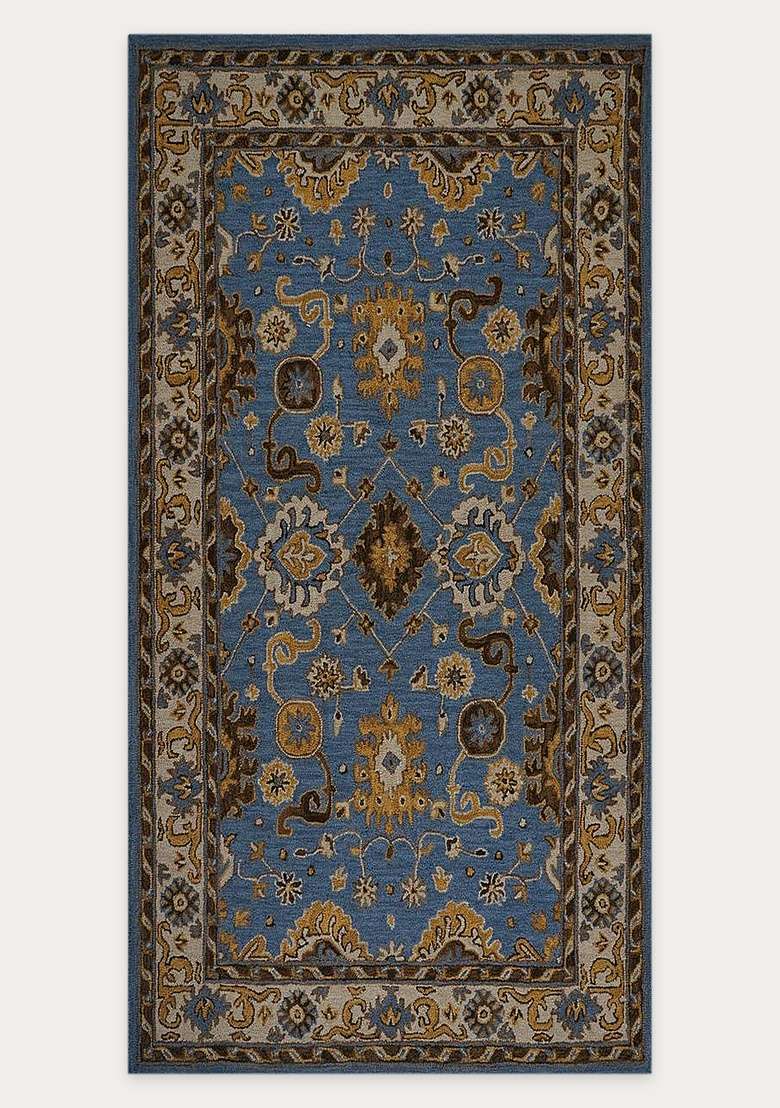 Saffron Rugs Blue Oriental Floral Hand Tufted Wool Rectangular Rug - Indya