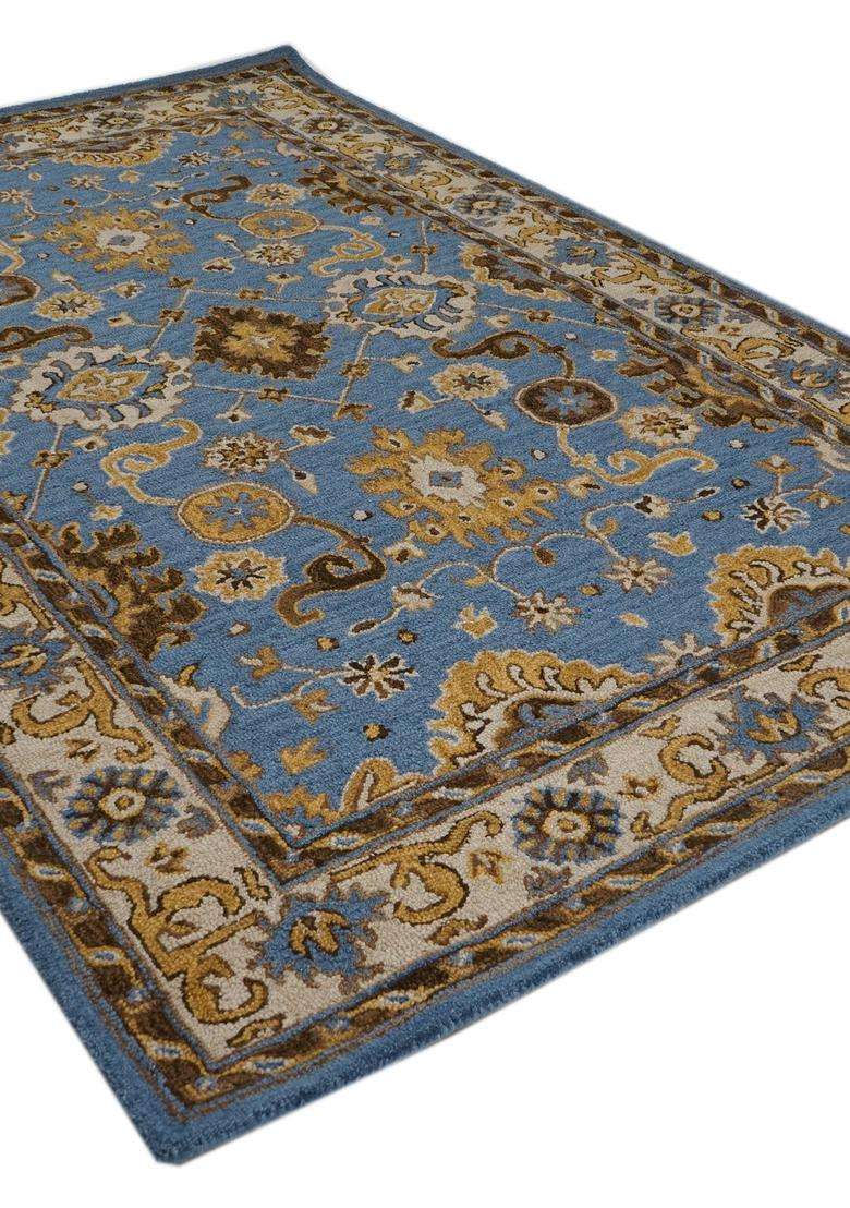 Saffron Rugs Hand-Tufted 100% Wool Area Rug | Blue Rectangular Rug | Cotton Backing | Oriental Floral Carpet for Living Room - Indya