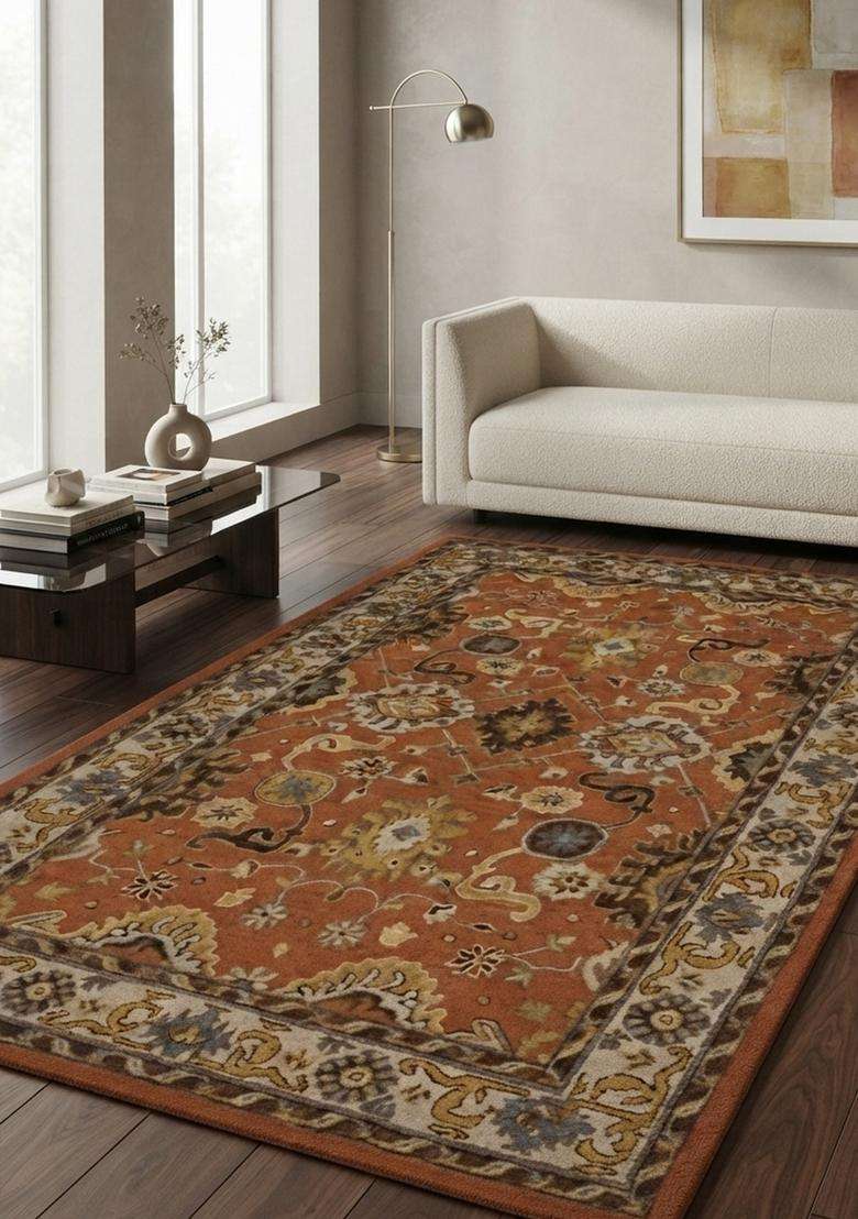 Saffron Rugs Hand-Tufted 100% Wool Area Rug | Rust Orange Rectangular Rug | Cotton Backing | Oriental Floral Carpet for Living Room - Indya