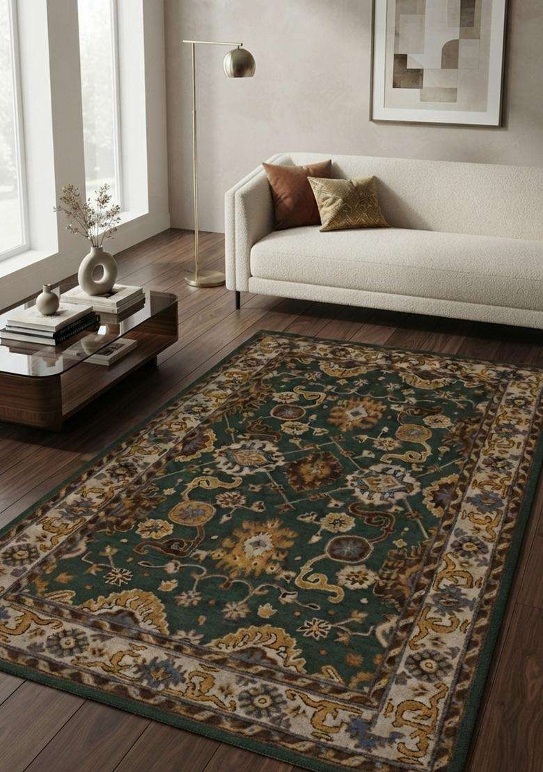 Saffron Rugs Hand-Tufted 100% Wool Area Rug | Dark Green Rectangular Rug | Cotton Backing | Oriental Floral Carpet for Living Room - Indya