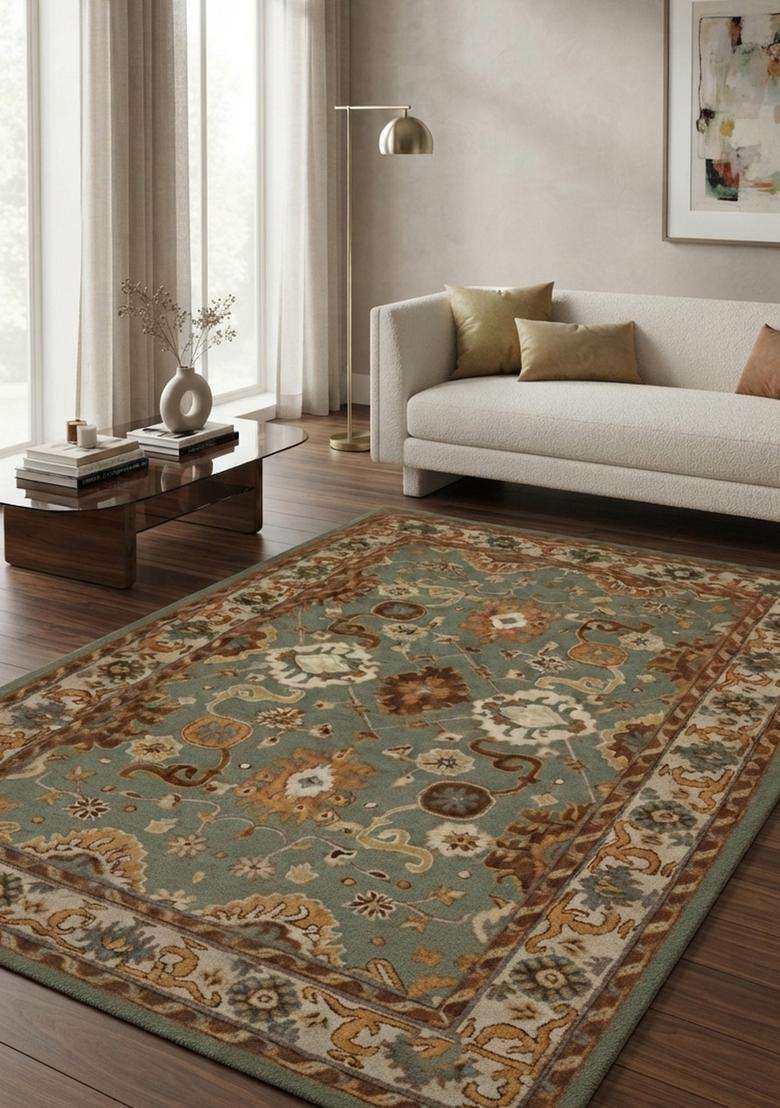 Saffron Rugs Hand-Tufted 100% Wool Area Rug | Sage Green Rectangular Rug | Cotton Backing | Oriental Floral Carpet for Living Room - Indya