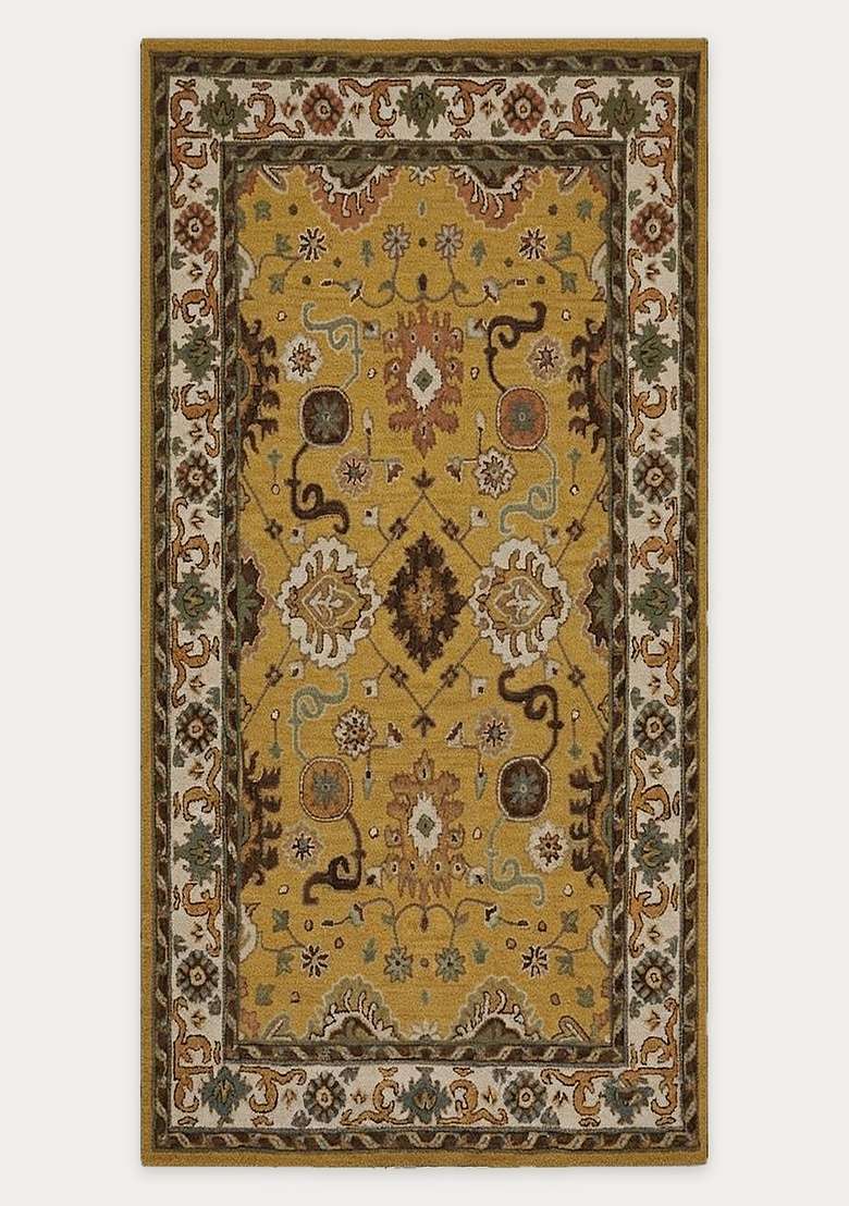 Saffron Rugs Gold Oriental Floral Hand Tufted Wool Rectangular Rug - Indya