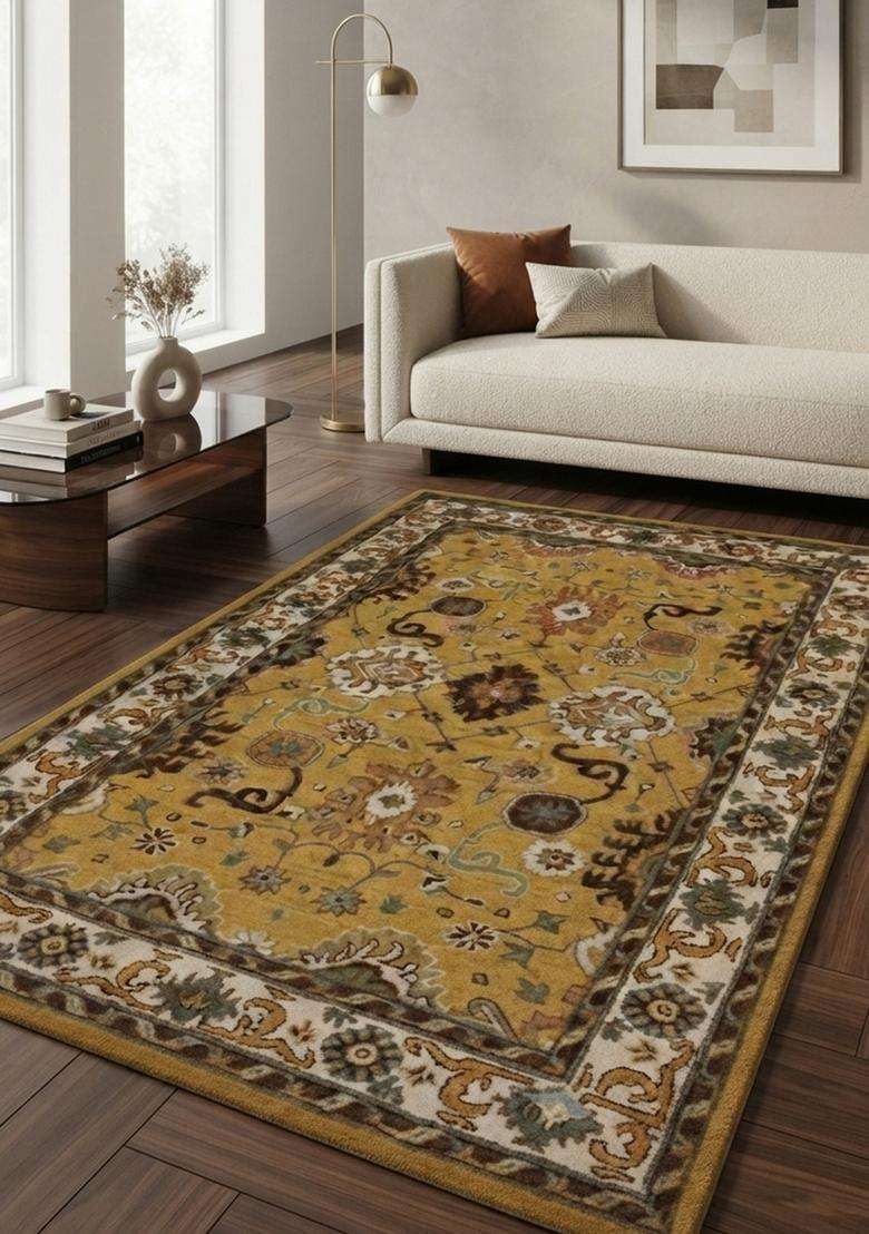 Saffron Rugs Hand-Tufted 100% Wool Area Rug | Gold Rectangular Rug | Cotton Backing | Oriental Floral Carpet for Living Room - Indya