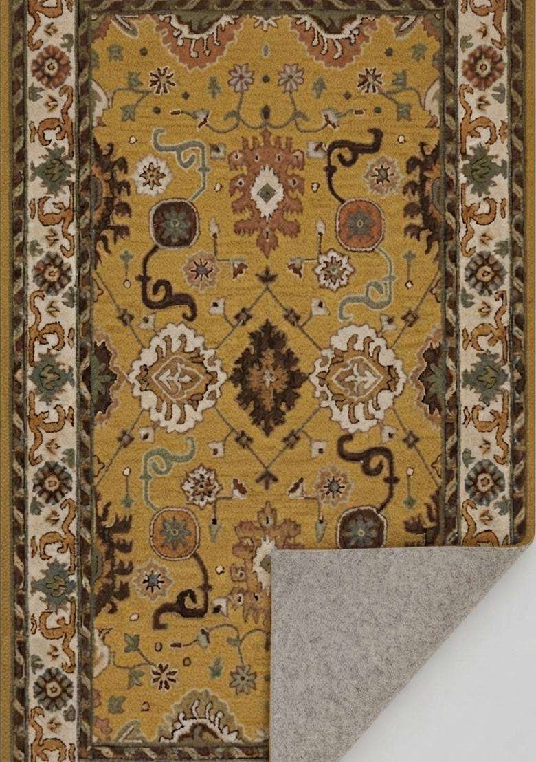 Saffron Rugs Gold Oriental Floral Hand Tufted Wool Rectangular Rug - Indya
