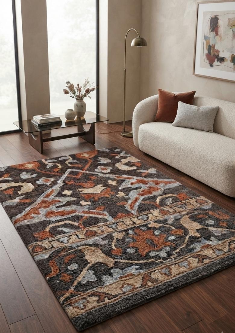 Saffron Rugs Dark Brown Oriental Floral Hand Tufted Wool Rectangular Rug - Indya