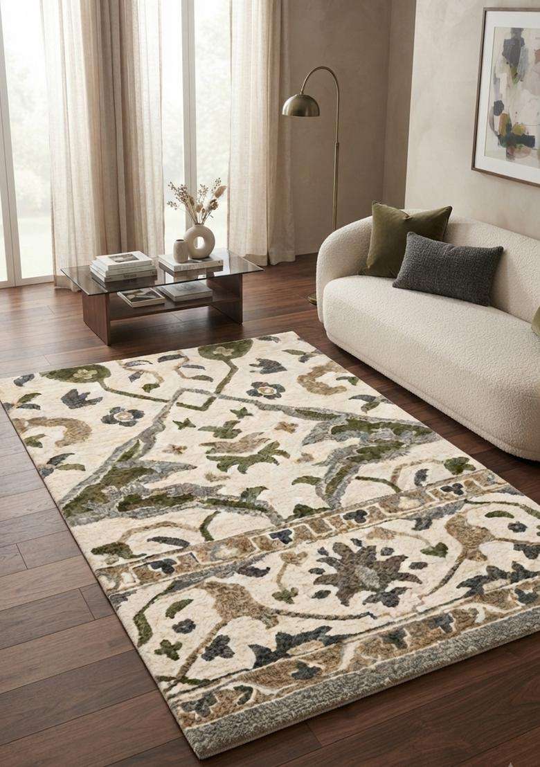 Saffron Rugs Hand-Tufted 100% Wool Area Rug | Ivory Rectangular Rug | Cotton Backing | Classic Floral Carpet for Living Room - Indya