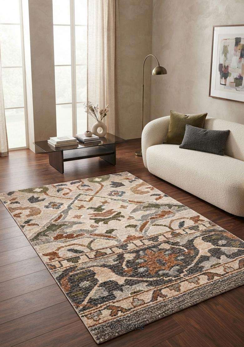 Saffron Rugs Beige Multicolor Oriental Floral Hand Tufted Wool Rectangular Rug - Indya