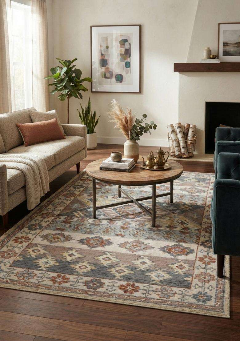 Saffron Rugs Hand-Tufted 100% Wool Area Rug | Multicolor Grey Blue Rectangular Rug | Cotton Backing | Bohemian Geometric Carpet for Living Room - Indya