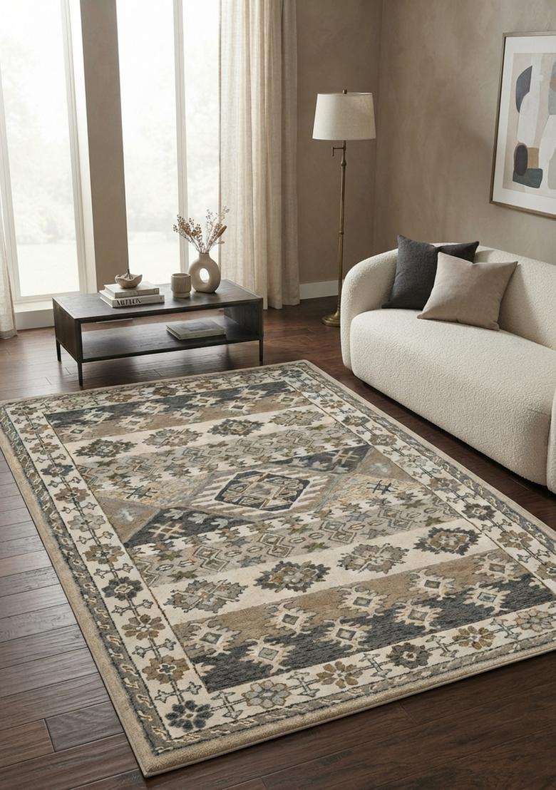 Saffron Rugs Hand-Tufted 100% Wool Area Rug | Beige Grey Rectangular Rug | Cotton Backing | Transitional Geometric Carpet for Living Room - Indya