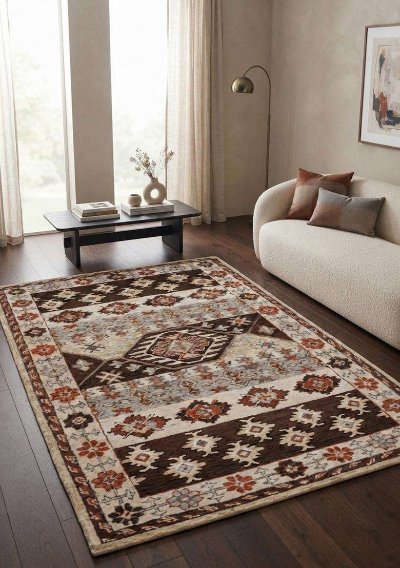 Saffron Rugs Hand-Tufted 100% Wool Area Rug | Brown Multicolor Rectangular Rug | Cotton Backing | Western Geometric Carpet for Living Room - Indya