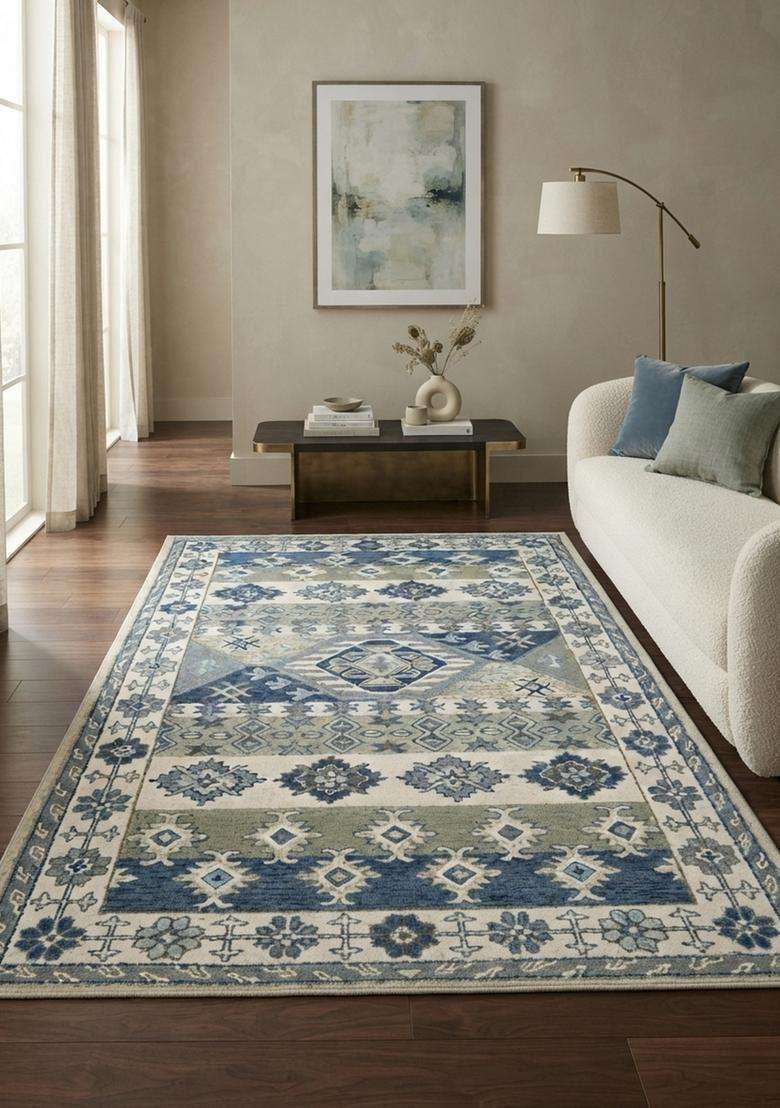 Saffron Rugs Hand-Tufted 100% Wool Area Rug | Blue Grey Rectangular Rug | Cotton Backing | Transitional Geometric Carpet for Living Room - Indya