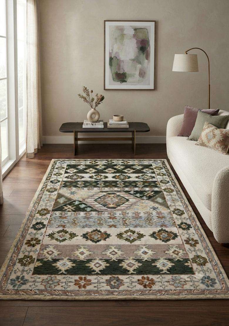 Saffron Rugs Hand-Tufted 100% Wool Area Rug | Multi Earth Tones Rectangular Rug | Cotton Backing | Bohemian Geometric Carpet for Living Room - Indya
