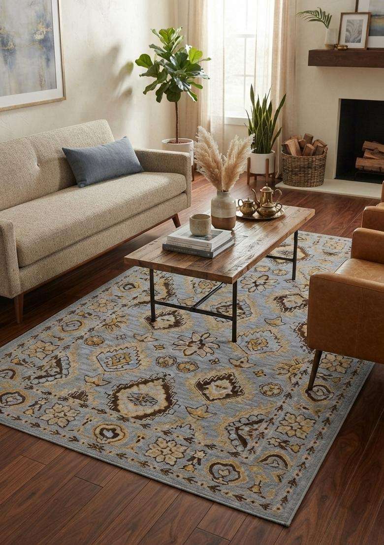 Saffron Rugs Hand-Tufted 100% Wool Area Rug | Blue Grey Rectangular Rug | Cotton Backing | Oriental Geometric Carpet for Living Room - Indya